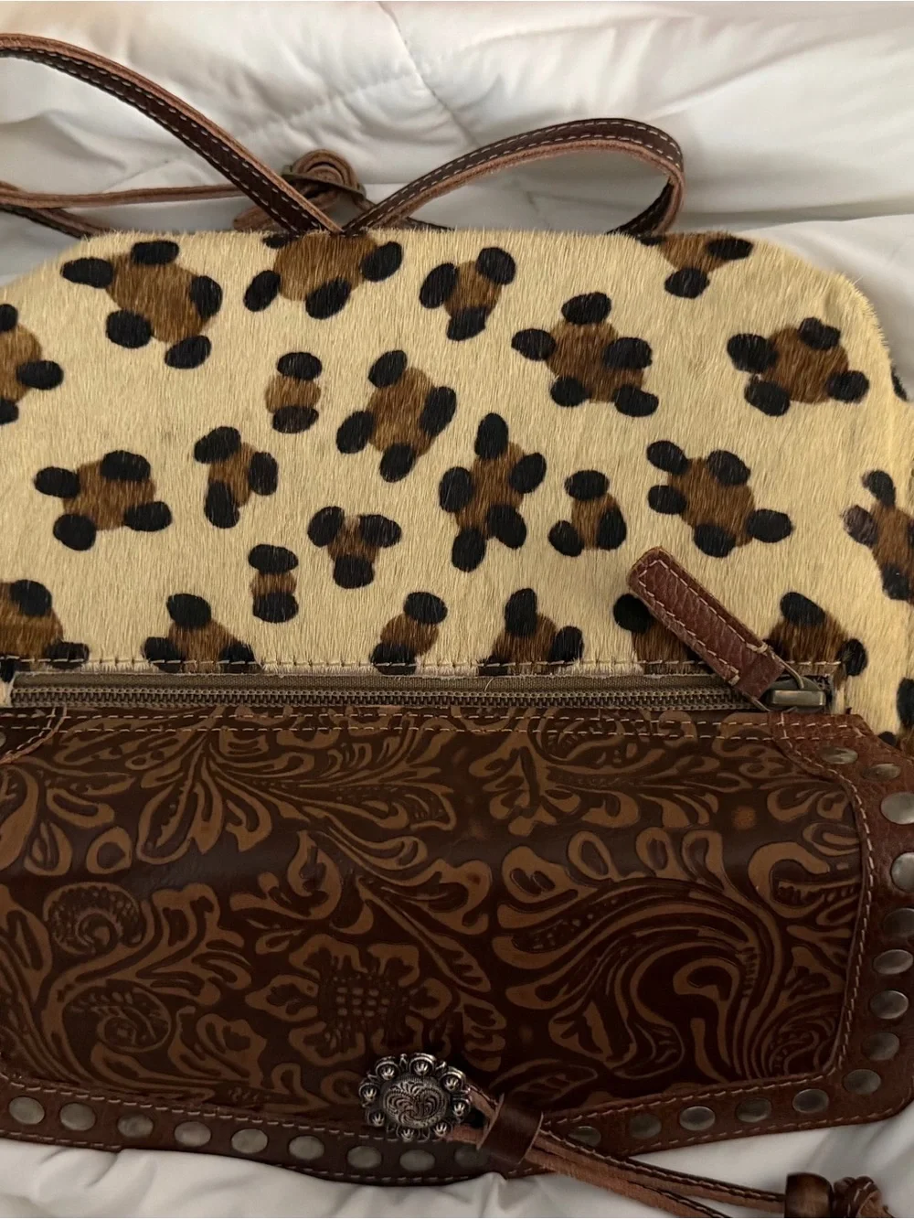 Brown Tooled Leather and Leopard Print Crossbody Shoulder Bag